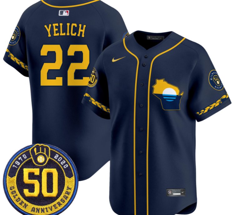 Christian Yelich Jersey 22 Milwaukee Brewers Golden 50th Anniversary Patch Stitched Navy