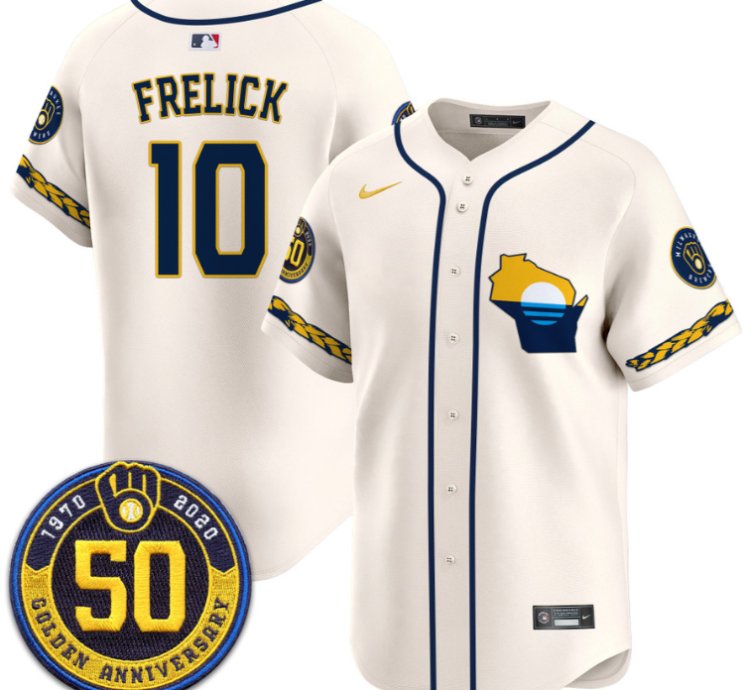 Sal Frelick Jersey 10 Milwaukee Brewers Golden 50th Anniversary Patch Stitched Cream