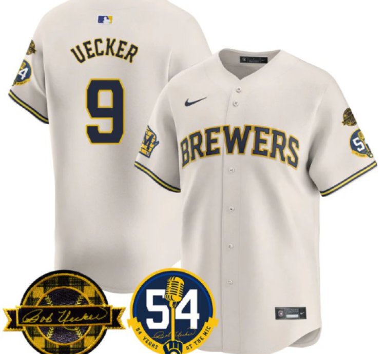 Bob Uecker Jersey 9 Milwaukee Brewers 2025 Bob Uecker 54 Seasons For Brewers Stitched Cream