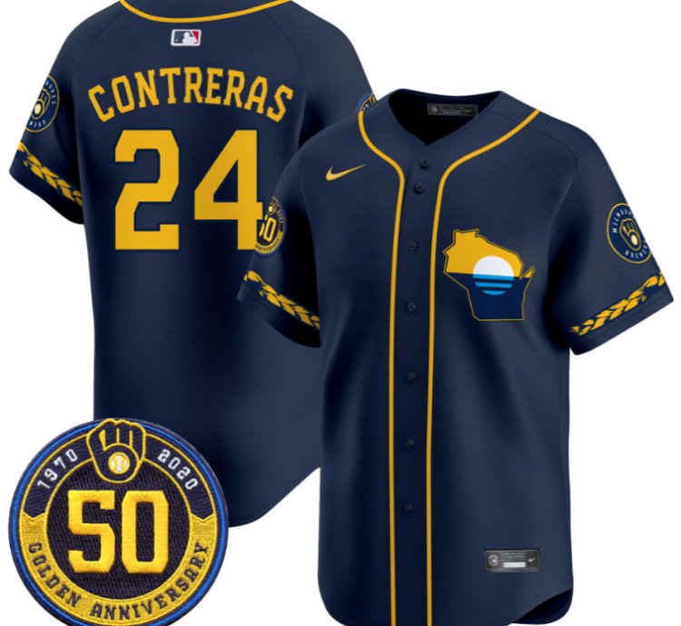 William Contreras Jersey 24 Milwaukee Brewers Golden 50th Anniversary Patch Stitched Navy