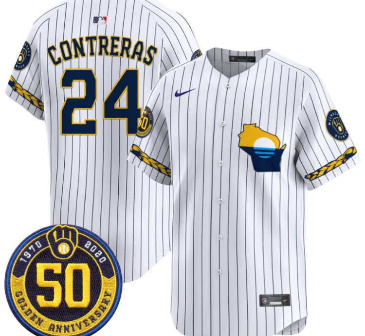 William Contreras Jersey 24 Milwaukee Brewers Golden 50th Anniversary Patch Stitched Pinstripe
