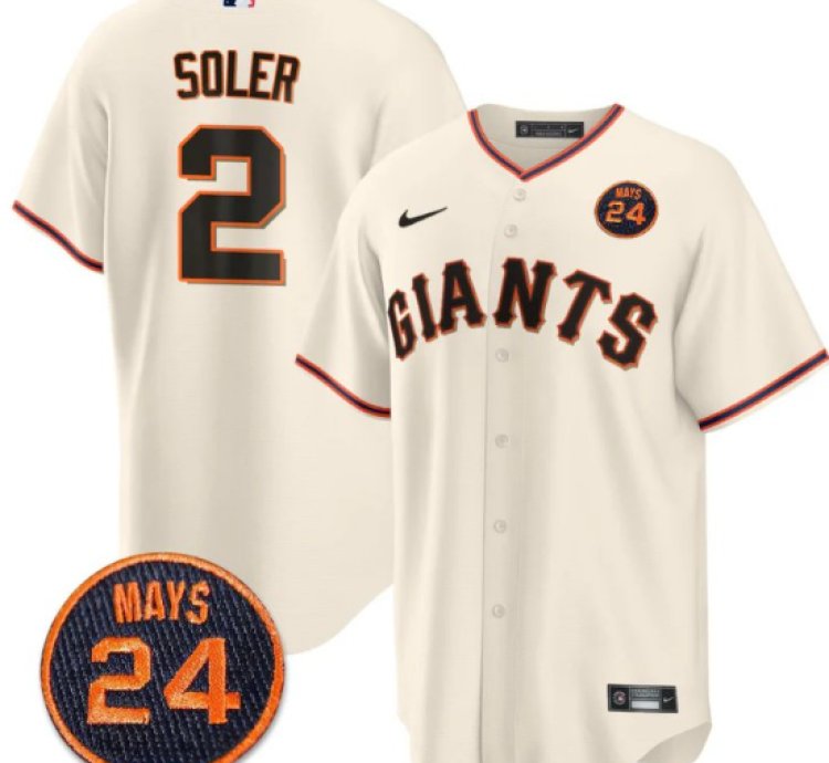 Jorge Soler Jersey 2 San Francisco Giants 24 Willie Mays Patch 2024 Vapor Premier Cream Home