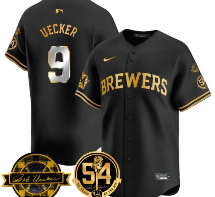 Bob Uecker Jersey 9 Milwaukee Brewers 2025 Bob Uecker 54 Seasons For Brewers Stitched Black Gold