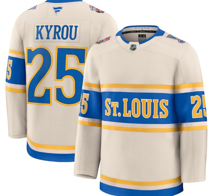 St Louis Blues 25 Jordan Kyrou 2025 Nhl Winter Classic Premium Cream Jersey
