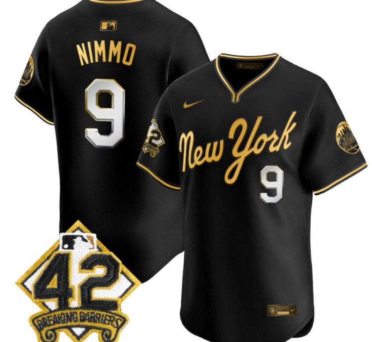Brandon Nimmo Jersey 9 New York Mets 2025 Jackie Robinson Patch Road Alternate Stitched Black Gold