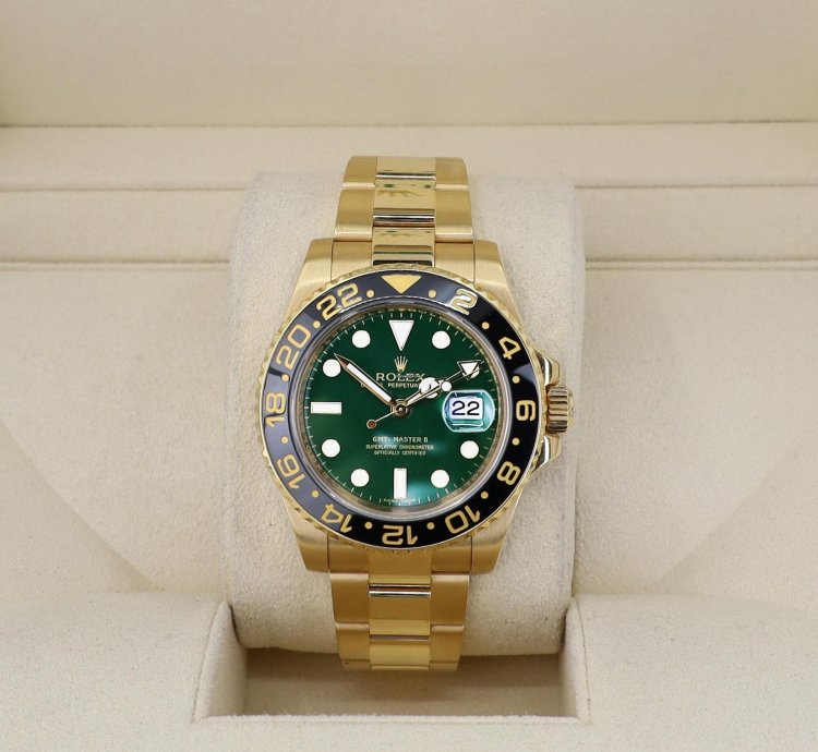 Rolex Gmt-master Ii 18k Yellow Gold Black Bezel Green Dial Oyster Band