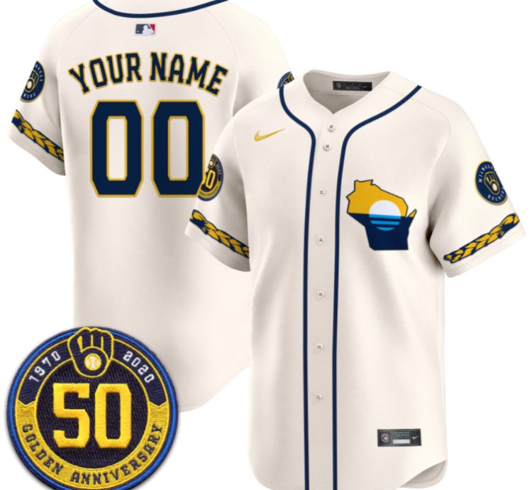 Custom Milwaukee Brewers Jersey Golden 50th Anniversary Patch Premier Limited Stitched Cream