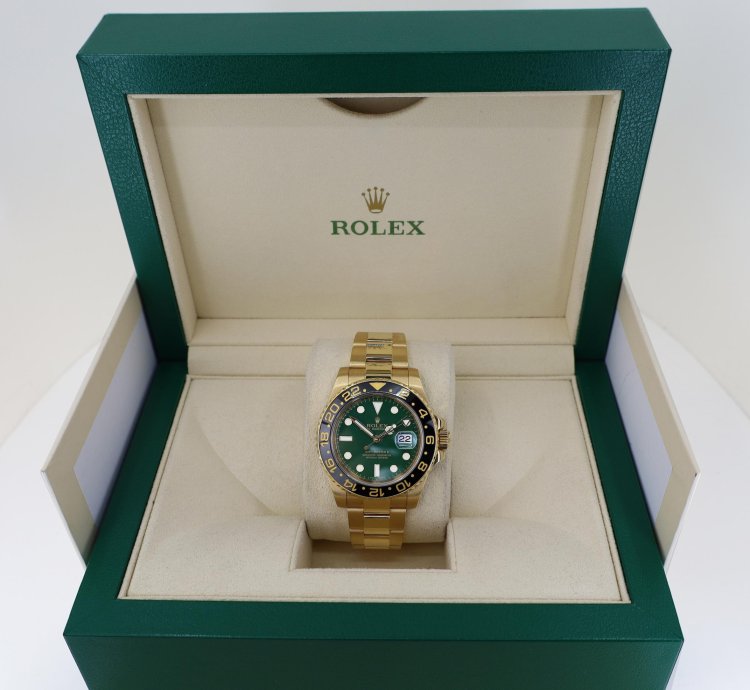 Rolex Gmt-master Ii 18k Yellow Gold Black Bezel Green Dial Oyster Band