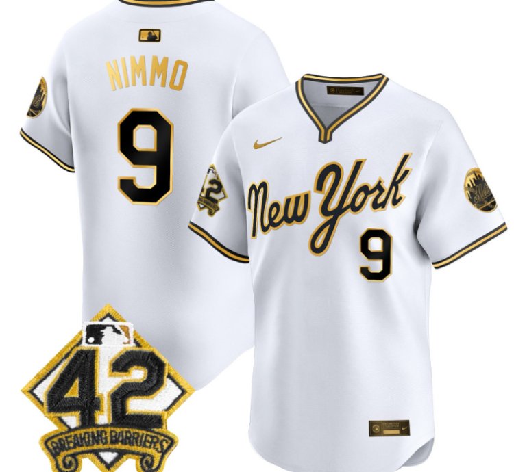 Brandon Nimmo Jersey 9 New York Mets 2025 Jackie Robinson Patch Road Alternate Stitched White Gold