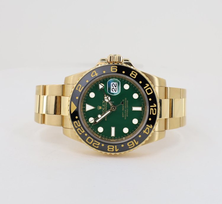 Rolex Gmt-master Ii 18k Yellow Gold Black Bezel Green Dial Oyster Band