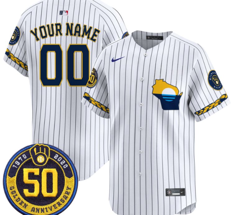 Custom Milwaukee Brewers Jersey Golden 50th Anniversary Patch Premier Limited Stitched Pinstripe