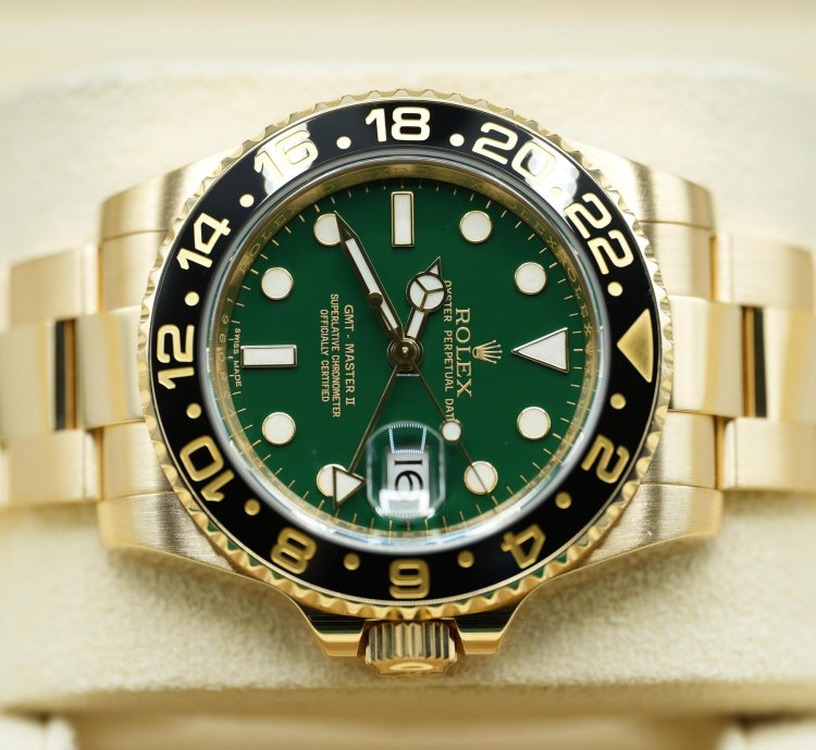 Rolex Gmt-master Ii 2018 Yellow Gold Gmt-master Ii Green Dial Discontinued Unworn Box And Papers 116718ln