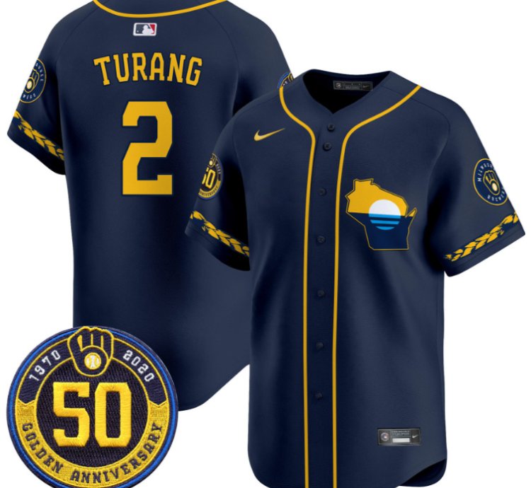 Brice Turang Jersey 2 Milwaukee Brewers Golden 50th Anniversary Patch Stitched Navy