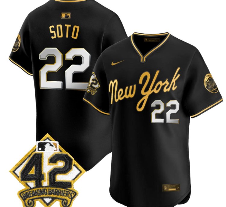 Juan Soto Jersey 22 New York Mets 2025 Jackie Robinson Patch Road Alternate Stitched Black Gold