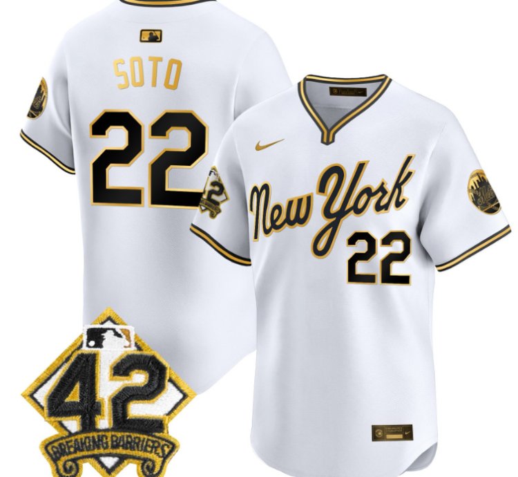 Juan Soto Jersey 22 New York Mets 2025 Jackie Robinson Patch Road Alternate Stitched White Gold