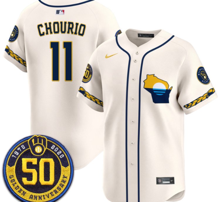 Jackson Chourio Jersey 11 Milwaukee Brewers Golden 50th Anniversary Patch Stitched Cream