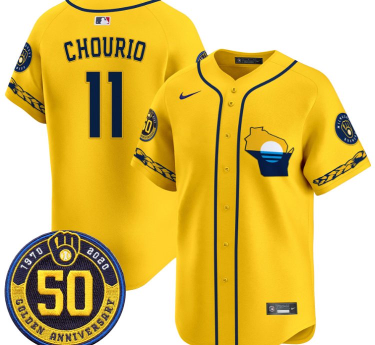 Jackson Chourio Jersey 11 Milwaukee Brewers Golden 50th Anniversary Patch Stitched Gold