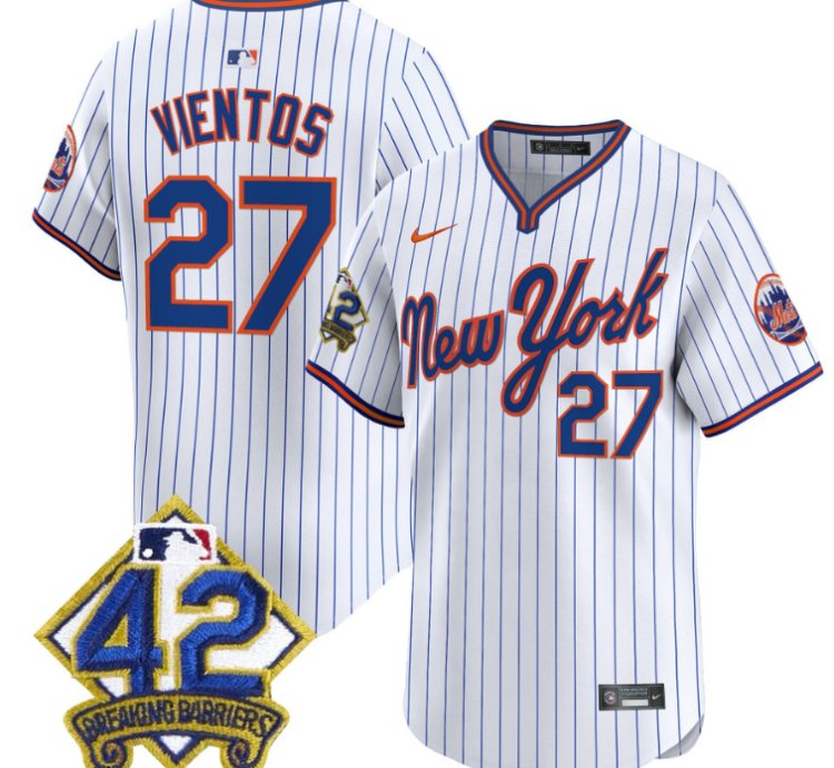 Mark Vientos Jersey 27 New York Mets 2025 Jackie Robinson Patch Road Alternate Stitched Pinstripe