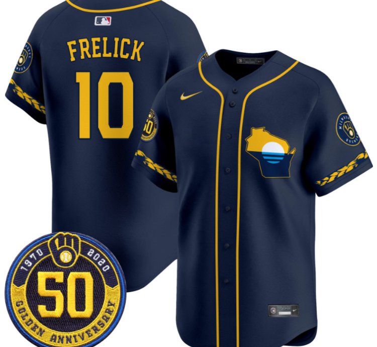 Sal Frelick Jersey 10 Milwaukee Brewers Golden 50th Anniversary Patch Stitched Navy