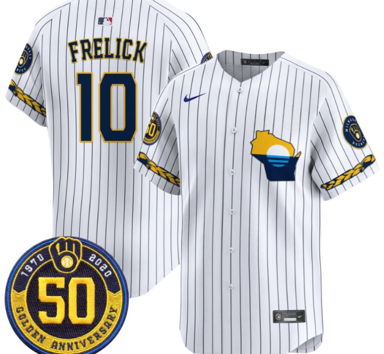 Sal Frelick Jersey 10 Milwaukee Brewers Golden 50th Anniversary Patch Stitched Pinstripe