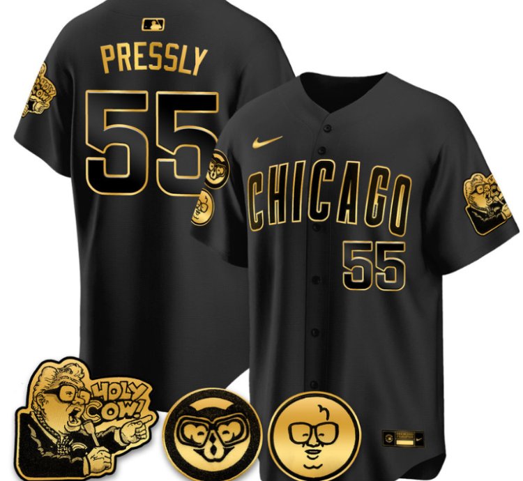 Ryan Pressly Jersey 55 Chicago Cubs Harry Caray Holy Cow Patch Premier Limited Stitched Black Gold
