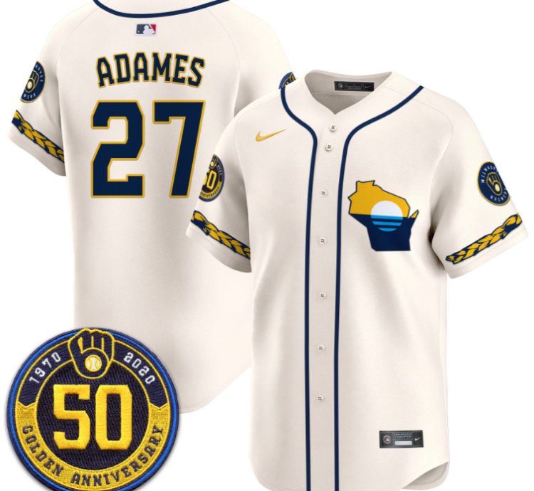 Willy Adames Jersey 27 Milwaukee Brewers Golden 50th Anniversary Patch Stitched Cream