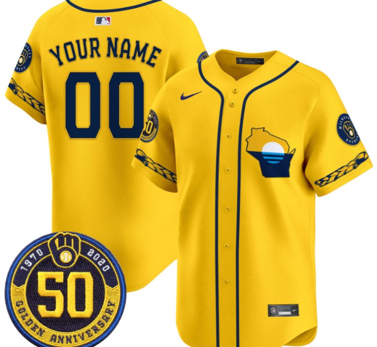 Custom Milwaukee Brewers Jersey Golden 50th Anniversary Patch Premier Limited Stitched Gold
