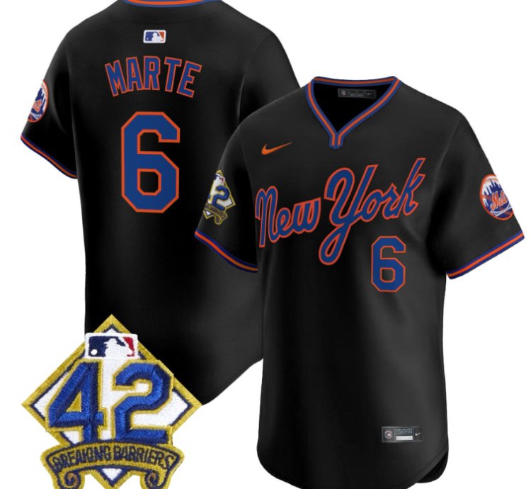 Starling Marte Jersey 6 New York Mets 2025 Jackie Robinson Patch Road Alternate Stitched Black
