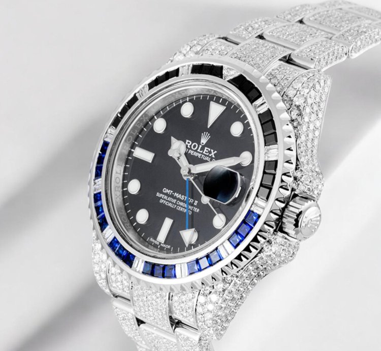 Rolex Gmt-master Ii Batman Diamond Set With Custom Black Blue Bezel 116710blnr - Iced Out