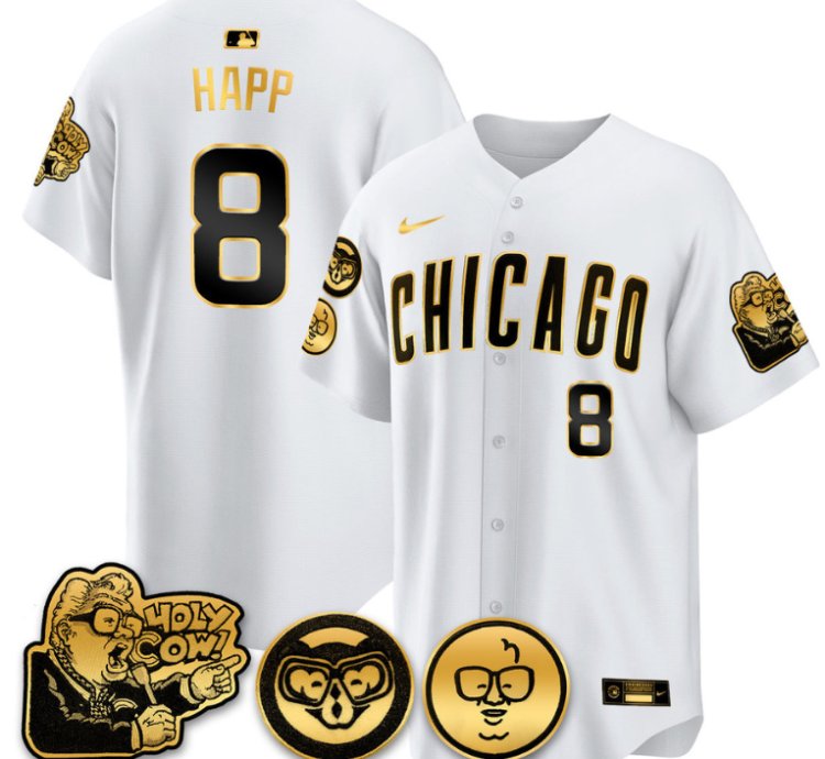 Ian Happ Jersey 8 Chicago Cubs Harry Caray Holy Cow Patch Premier Limited Stitched White Gold