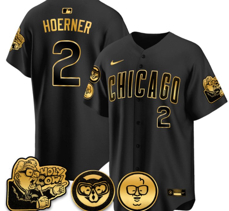 Nico Hoerner Jersey 2 Chicago Cubs Harry Caray Holy Cow Patch Premier Limited Stitched Black Gold