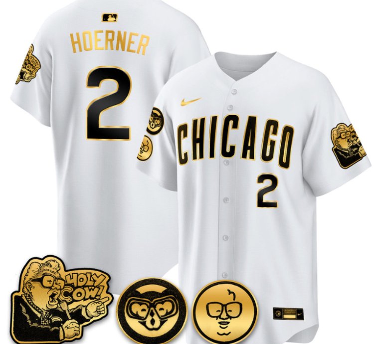 Nico Hoerner Jersey 2 Chicago Cubs Harry Caray Holy Cow Patch Premier Limited Stitched White Gold