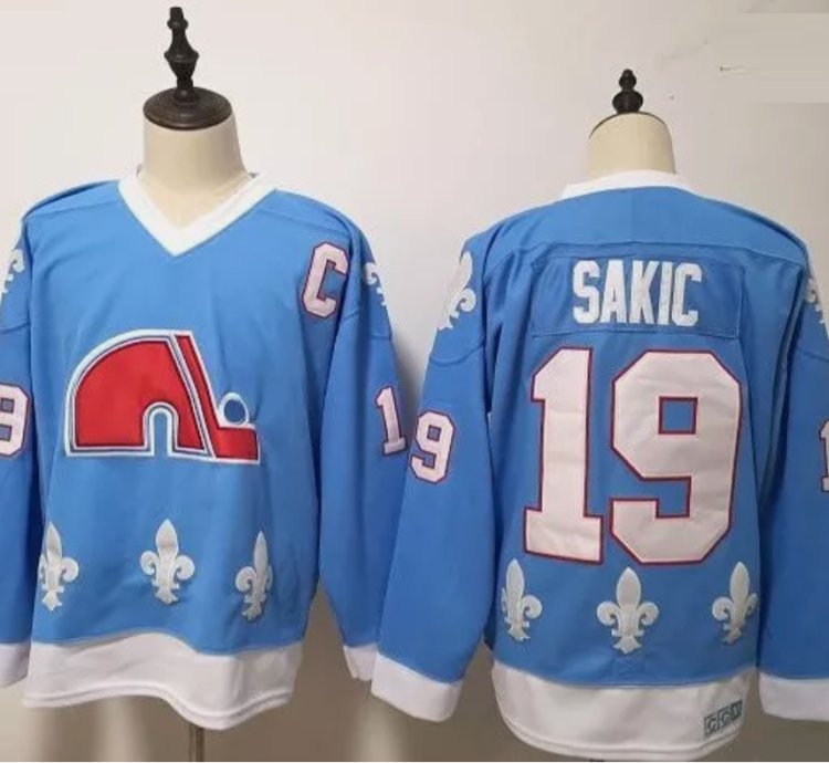 Mens Vintage Joe Sakic Jersey 19 Quebec Nordiques Stitched Light Blue