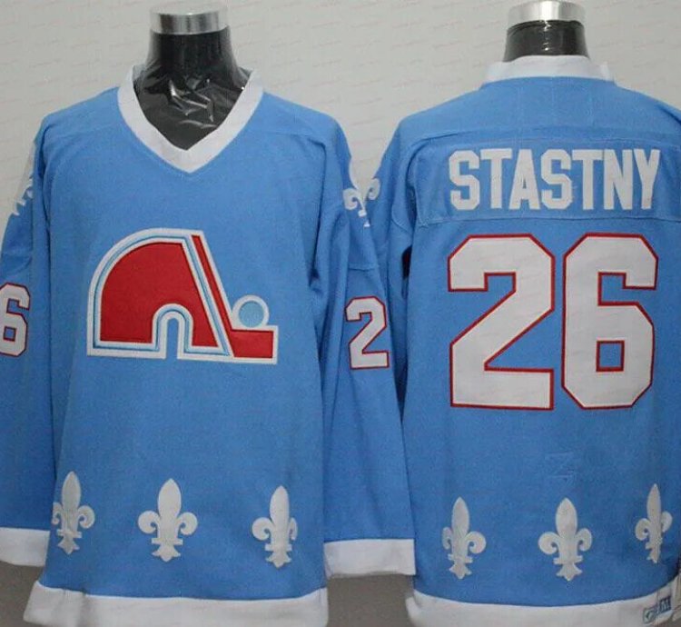 Mens Vintage Peter Stastny Jersey 26 Quebec Nordiques Stitched Light Blue