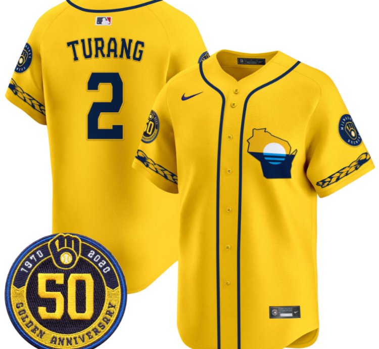 Brice Turang Jersey 2 Milwaukee Brewers Golden 50th Anniversary Patch Stitched Gold