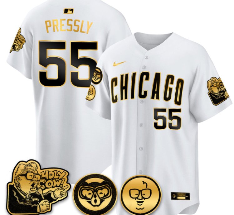 Ryan Pressly Jersey 55 Chicago Cubs Harry Caray Holy Cow Patch Premier Limited Stitched White Gold