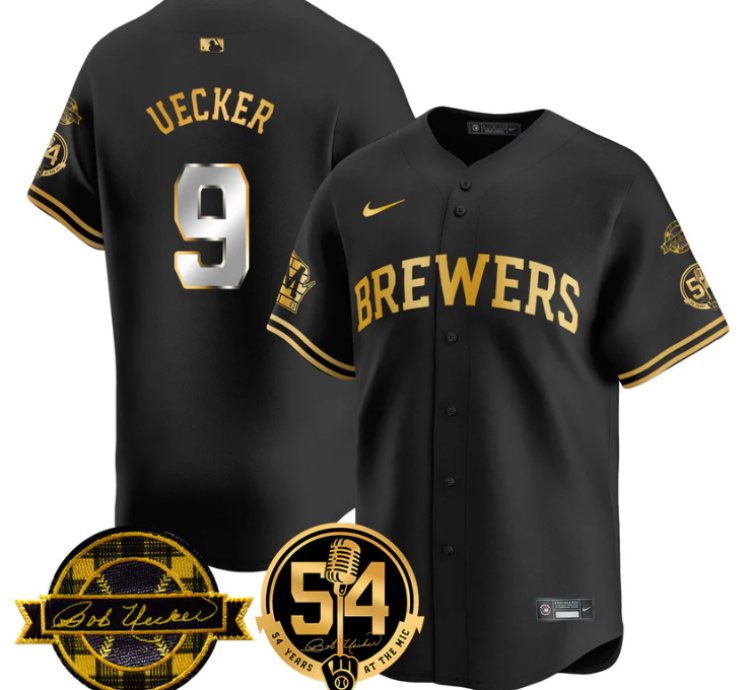 Bob Uecker Jersey 9 Milwaukee Brewers 2025 Bob Uecker 54 Seasons For Brewers Stitched Black Gold