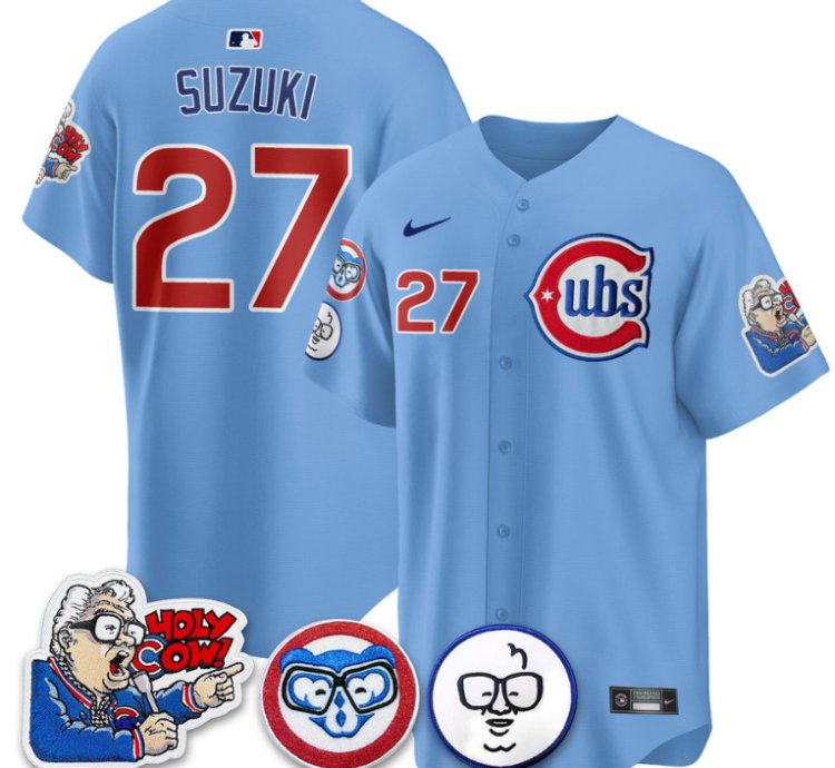 Suzuki Seiya Jersey 27 Chicago Cubs Harry Caray Holy Cow Patch Premier Limited Stitched Blue