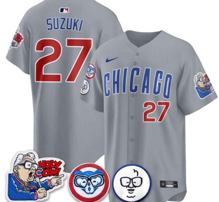 Suzuki Seiya Jersey 27 Chicago Cubs Harry Caray Holy Cow Patch Premier Limited Stitched Gray