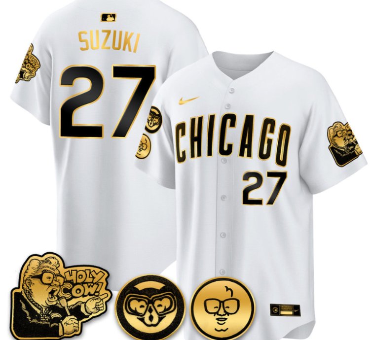 Suzuki Seiya Jersey 27 Chicago Cubs Harry Caray Holy Cow Patch Premier Limited Stitched White Gold