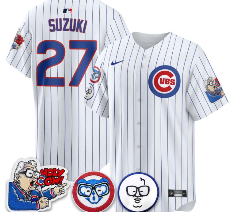 Suzuki Seiya Jersey 27 Chicago Cubs Harry Caray Holy Cow Patch Premier Limited Stitched White