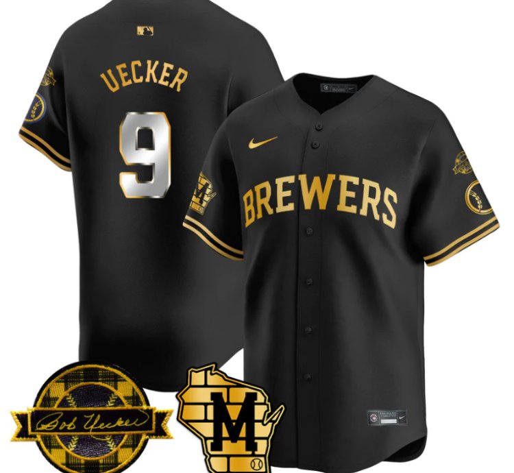 Bob Uecker Jersey 9 Milwaukee Brewers 2025 Limited Bob Uecker Patch Stitched Black Gold