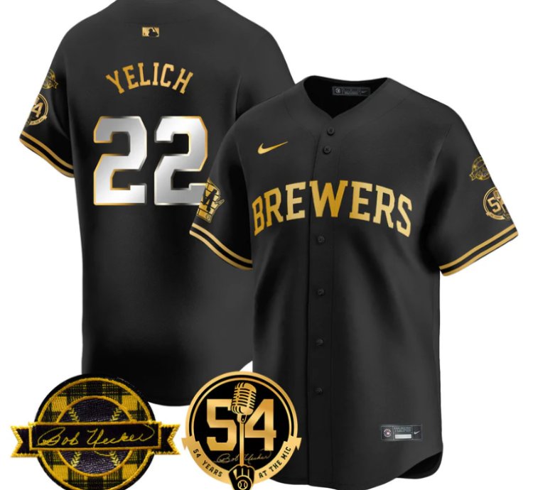 Christian Yelich Jersey 22 Milwaukee Brewers 2025 Bob Uecker 54 Seasons For Brewers Stitched Black Gold