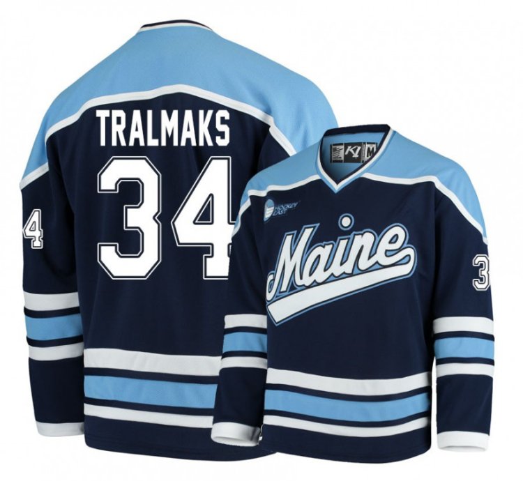 Maine Black Bears 34 Eduards Tralmaks Navy Blue Hockey Jersey