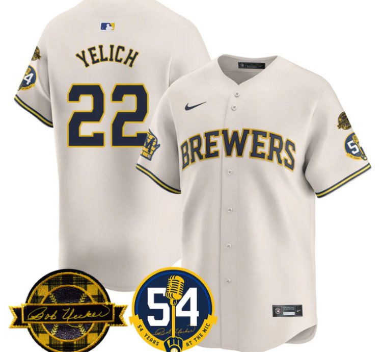 Christian Yelich Jersey 22 Milwaukee Brewers 2025 Bob Uecker 54 Seasons For Brewers Stitched Cream