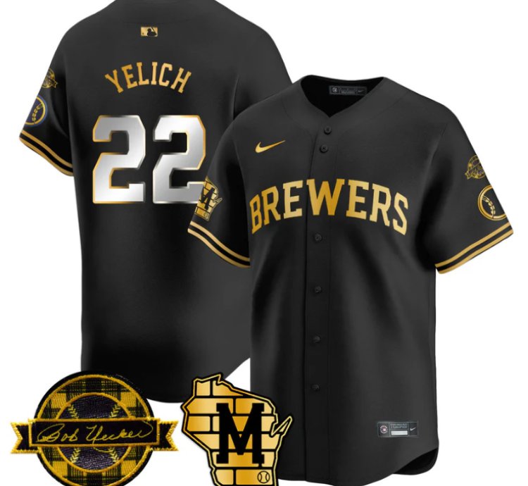 Christian Yelich Jersey 22 Milwaukee Brewers 2025 Limited Bob Uecker Patch Stitched Black Gold