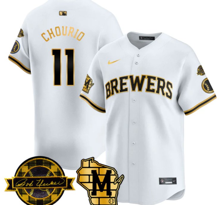 Jackson Chourio Jersey 11 Milwaukee Brewers 2025 Limited Bob Uecker Patch Stitched White Gold