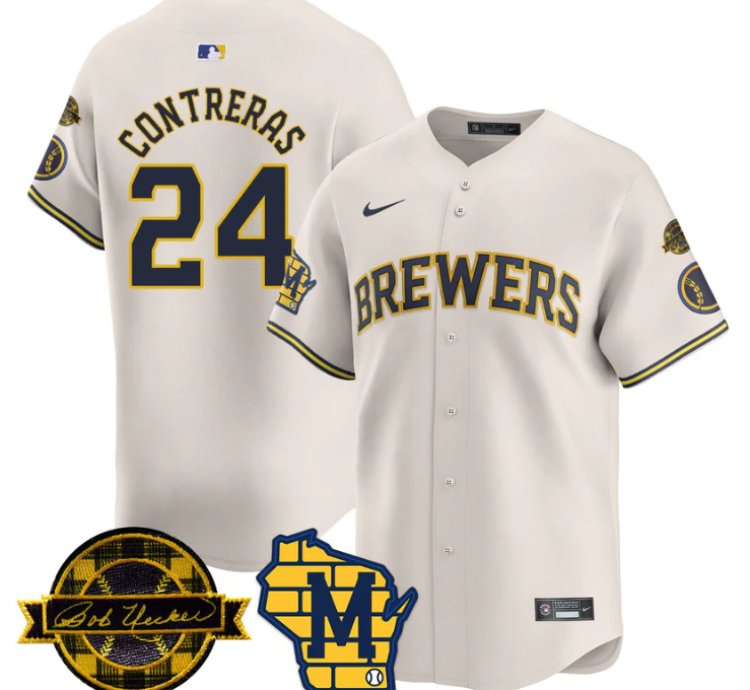 William Contreras Jersey 24 Milwaukee Brewers 2025 Limited Bob Uecker Patch Stitched Cream