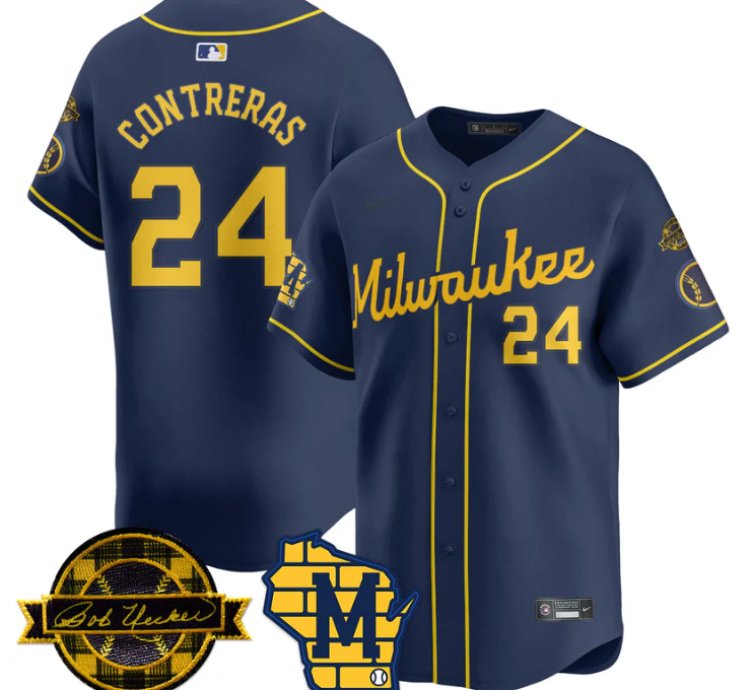 William Contreras Jersey 24 Milwaukee Brewers 2025 Limited Bob Uecker Patch Stitched Navy