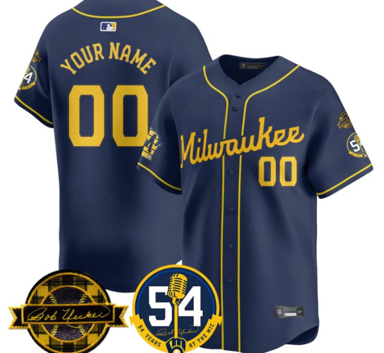 Custom Milwaukee Brewers Jersey 2025 Bob Uecker 54 Seasons For Brewers Stitched Navy